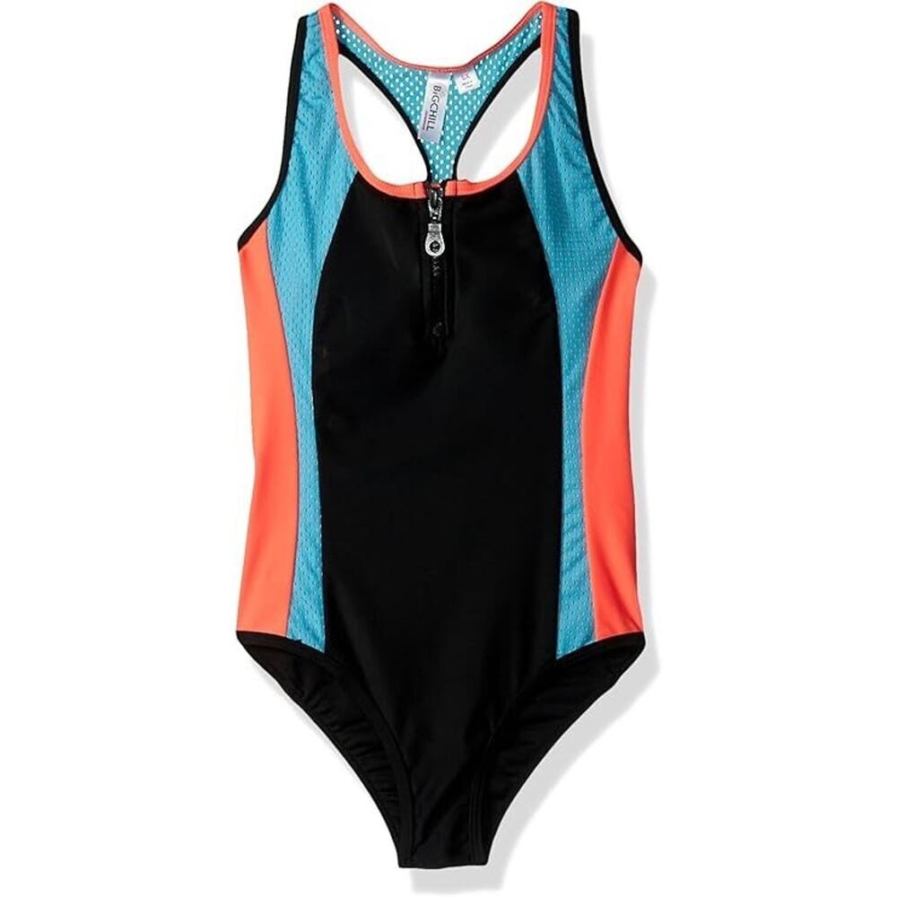 Big Chill Girls 1 Piece Racerback Swimsuit Black Orange 50 UV Protection Size 4